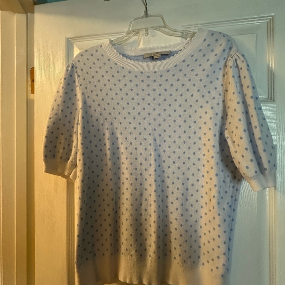 Loft XL Women's White and Blue Polka Dot Sweater